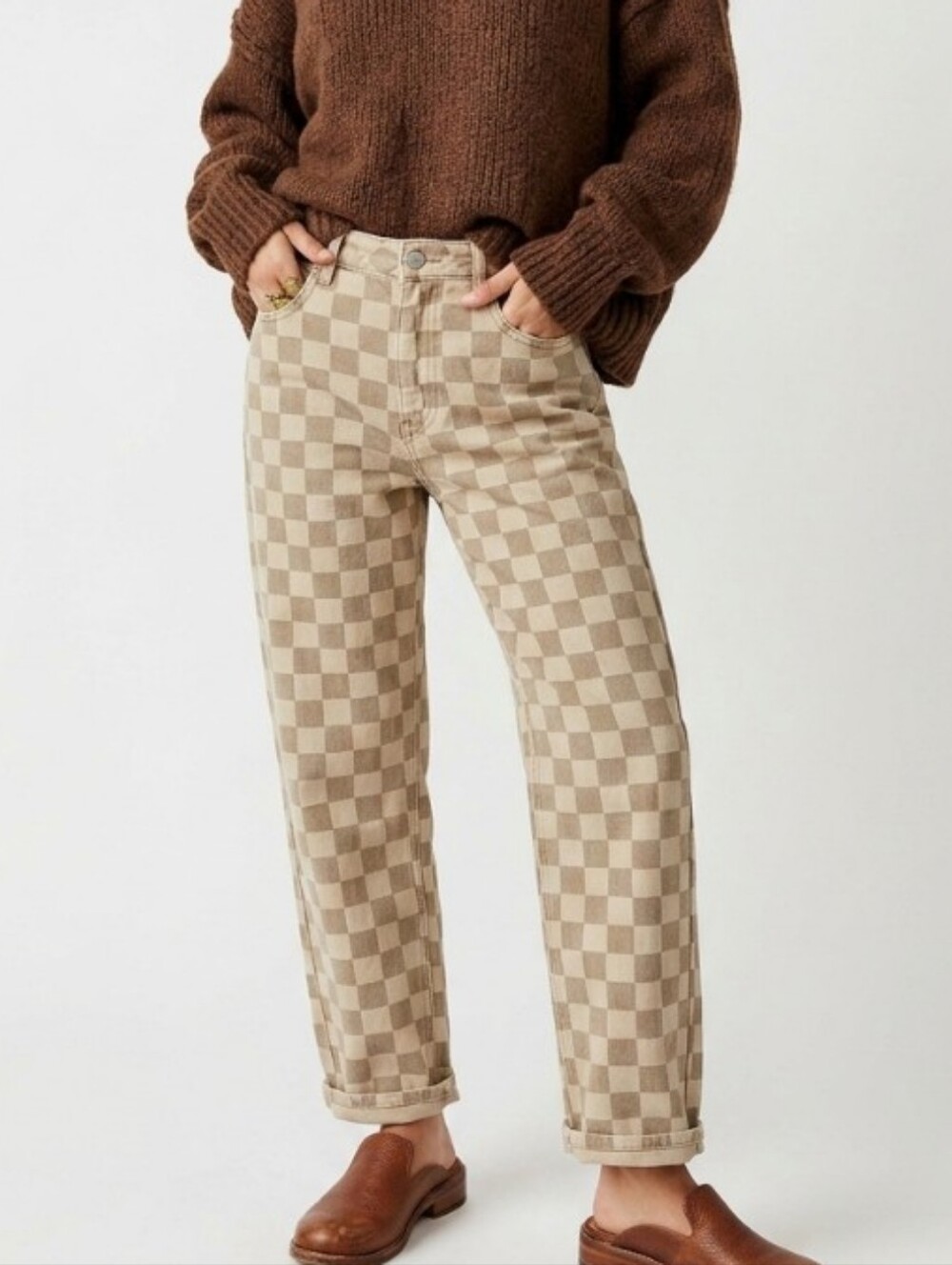 Stylish Checkerboard Taupe Denim Jeans Classic & Funky
